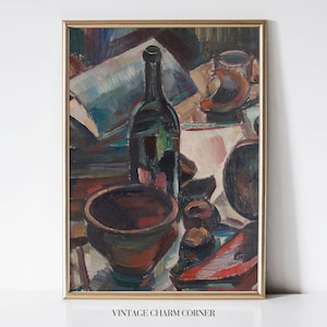 ワインボトルとヴィンテージ食器の油絵静物画、抽象表現主義、20世紀フランス印象派、デジタルダウンロード