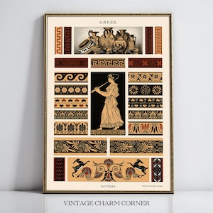 May include: A framed print showcasing a vintage illustration of Greek pottery and decorative borders. The artwork features a central figure playing a flute, surrounded by various patterns in black, brown, and beige. The text "GREEK" and "POTTERY" are visible.
