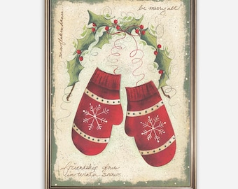 Vintage Christmas Mittens Wall Art Digital Download Printable Holiday Snowflake Winter Decor Retro Farmhouse Cottagecore Seasonal Gift