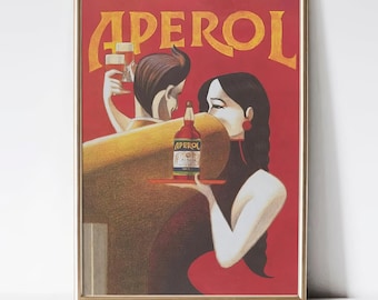 Retro Aperol Spritz Poster, Vintage Style Art Print with Aperol Bottle Illustration, Mid-Century Modern Home Bar Decor, Wall Art Printable