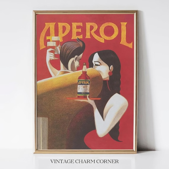 Retro Aperol Spritz Poster, Vintage Style Art Print with Aperol Bottle Illustration, Mid-Century Modern Home Bar Decor, Wall Art Printable