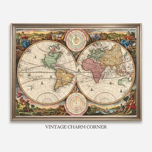 May include: A framed vintage world map with intricate details and vibrant colors. The map is divided into two hemispheres, showcasing continents and oceans. Decorative figures and illustrations surround the map, with the text "VINTAGE CHARM CORNER" at the bottom.