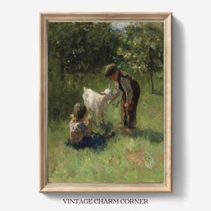 Vintage kindergeit Art Print, impressionistische boerderijscène digitale download, Cottagecore-muurdecoratie, afdrukbare kinderkamergalerijkunstwerk