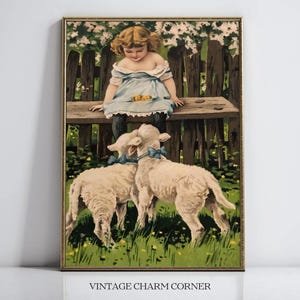 Impressão de cartão postal de Páscoa vintage, arte de cordeiros e meninas, decoração de primavera antiga, arte de parede de casa de fazenda, berçário Cottagecore, impressão pastoral country