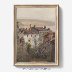 Vintage European Village Digital Art Print Wall Decor Rustic Italian Countryside Painting Download Old World House Scene Landscape
