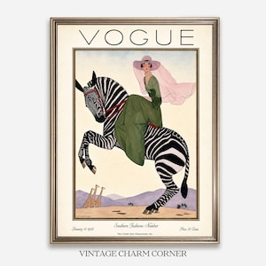 Digitally restored 1926 Vogue magazine cover titled Southern Fashions Number, featuring a stylish woman in a flowing green dress and pink hat riding a zebra in a desert landscape with giraffes and mountains. Vintage Art Deco fashion illustration digital download ideal for gallery walls, eclectic decor, and gifts for fashion history and vintage art lovers.