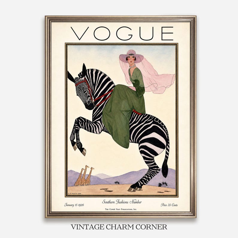 Digitally restored 1926 Vogue magazine cover titled Southern Fashions Number, featuring a stylish woman in a flowing green dress and pink hat riding a zebra in a desert landscape with giraffes and mountains. Vintage Art Deco fashion illustration digital download ideal for gallery walls, eclectic decor, and gifts for fashion history and vintage art lovers.