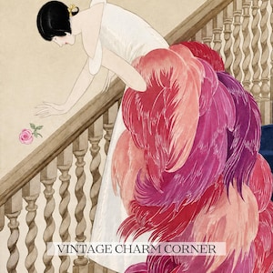 Digital Download Of A November 1 1924 Vogue Cover By George Wolfe Plank Showing An Art Deco Woman In A White Winter Gown Leaning Over A Staircase Toward A Pink Rose With Dramatic Pink Feathered Train. Printable Vintage Wall Decor For Cottagecore Farmhouse Glam Gallery Walls Fashion History Lovers And Gift Buyers.