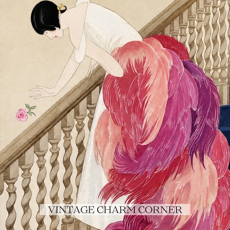 Digital Download Of A November 1 1924 Vogue Cover By George Wolfe Plank Showing An Art Deco Woman In A White Winter Gown Leaning Over A Staircase Toward A Pink Rose With Dramatic Pink Feathered Train. Printable Vintage Wall Decor For Cottagecore Farmhouse Glam Gallery Walls Fashion History Lovers And Gift Buyers.