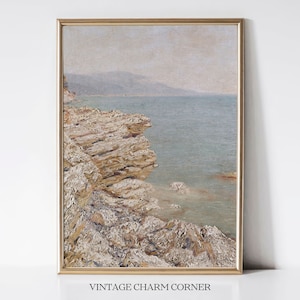 Ocean Cliffs Mediterranean Sea Art Print Rocky Coastal Wall Decor Vintage Seaside Landscape Digital Download Rustic Nautical Poster