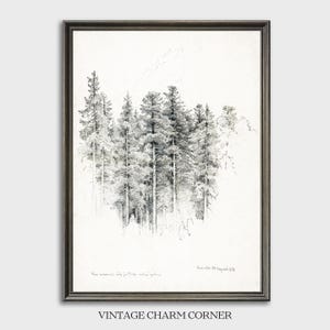 Evergreen Forest Pencil Drawing Wall Art, Vintage Pine Tree Woodland Printable, Black White Landscape Digital Download, Cottagecore Decor