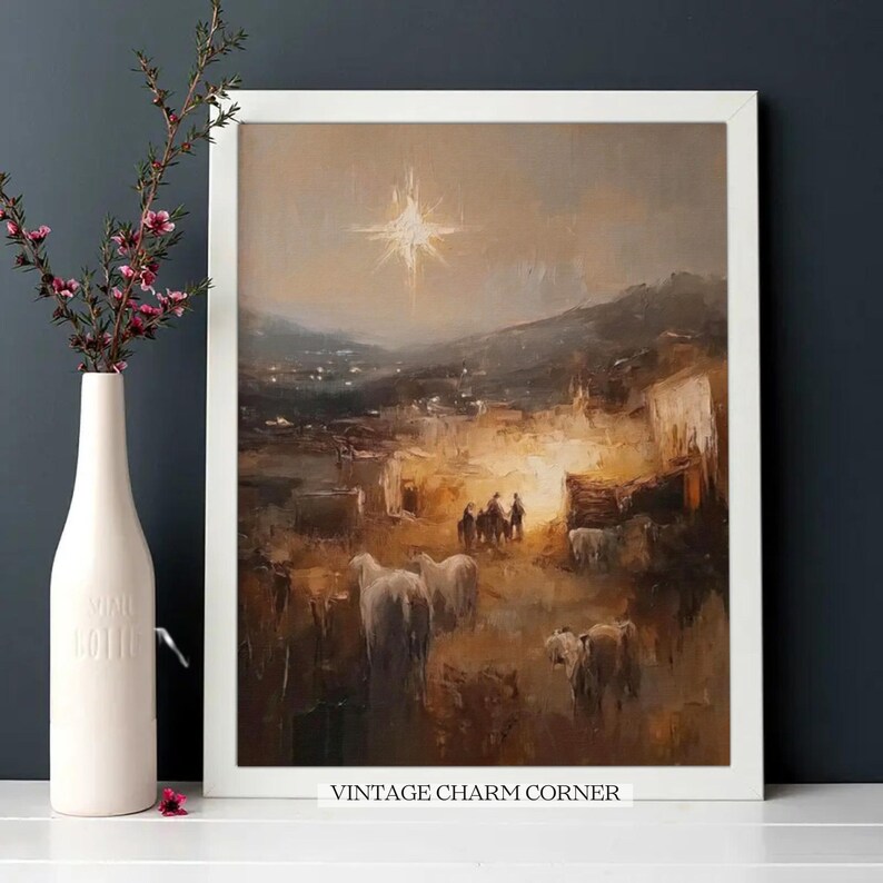 Impressionistic Nativity Scene Print, Three Wise Men and The Star of Bethleham, Holiday Nativity  Download, Rustic Christmas Decor Printable