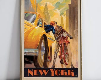 Vintage New York Art Print Download Romantic City Kiss Scene Yellow Taxi And Motorcycle Art Deco Travel Poster Retro Wall Decor Digital File