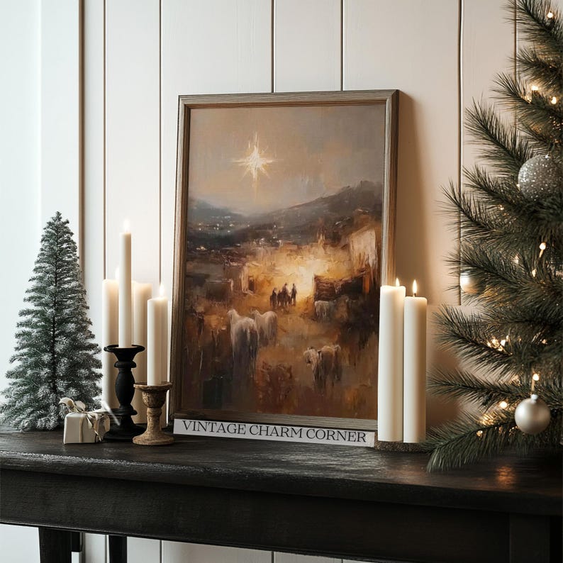 Impressionistic Nativity Scene Print, Three Wise Men and The Star of Bethleham, Holiday Nativity  Download, Rustic Christmas Decor Printable