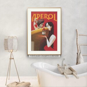 Retro Aperol Spritz Poster, Vintage Style Art Print with Aperol Bottle Illustration, Mid-Century Modern Home Bar Decor, Wall Art Printable