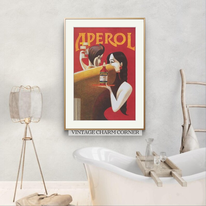 Retro Aperol Spritz Poster, Vintage Style Art Print with Aperol Bottle Illustration, Mid-Century Modern Home Bar Decor, Wall Art Printable