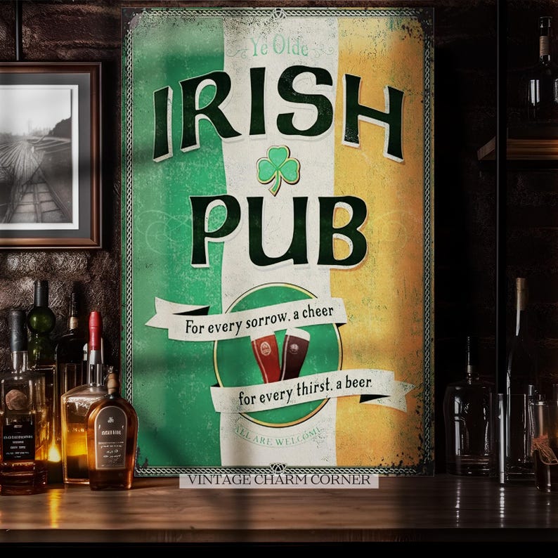 Vintage Irish Pub Decorative Sign, Retro Wall Art Print With Shamrock ...