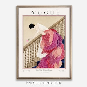 Digital Download Of A November 1 1924 Vogue Cover By George Wolfe Plank Showing An Art Deco Woman In A White Winter Gown Leaning Over A Staircase Toward A Pink Rose With Dramatic Pink Feathered Train. Printable Vintage Wall Decor For Cottagecore Farmhouse Glam Gallery Walls Fashion History Lovers And Gift Buyers.