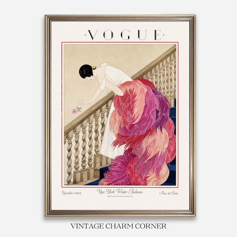 Digital Download Of A November 1 1924 Vogue Cover By George Wolfe Plank Showing An Art Deco Woman In A White Winter Gown Leaning Over A Staircase Toward A Pink Rose With Dramatic Pink Feathered Train. Printable Vintage Wall Decor For Cottagecore Farmhouse Glam Gallery Walls Fashion History Lovers And Gift Buyers.
