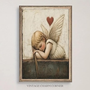 Vintage Peaceful Angel Child Art Print, Serene Angelic Portrait with Heart, Timeless Tranquil Decor for Home and Nursery, Wall Art Printable