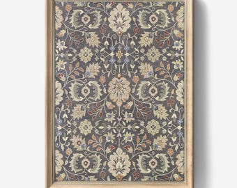 May include: A framed print of a vintage floral pattern in shades of brown, beige, and blue. The pattern is intricate and features a repeating design of flowers and leaves. The frame is a simple wooden frame with a light brown finish. The text "Vintage Charm Corner" is printed below the image.