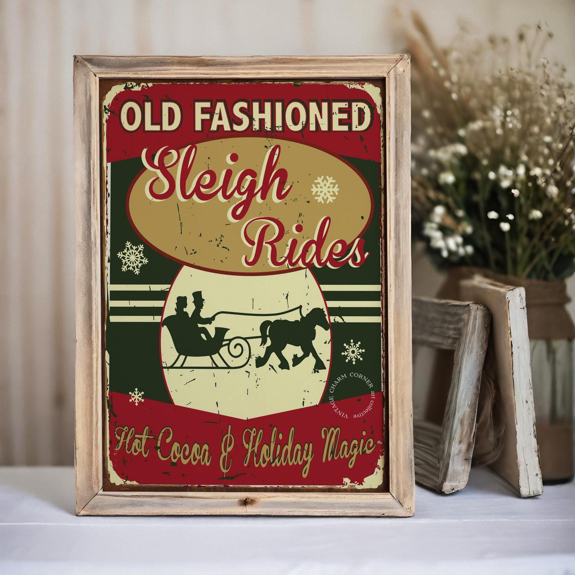 Sleigh Races Sign Old Fashioned Sleigh Rides Sign Vintage Christmas Wall Art Retro ...