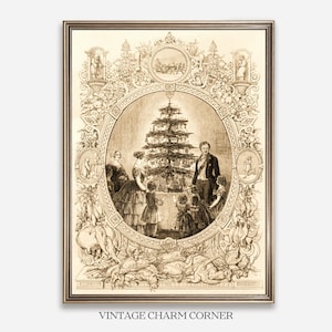 Könnte beinhalten: Ein gerahmter Sepia-Druck, der eine viktorianische Familie um einen geschmückten Weihnachtsbaum zeigt. Der Druck ist von aufwendigen floralen und architektonischen Details umgeben, mit dem Text "VINTAGE CHARM CORNER" unten.