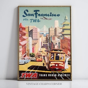 1950s San Francisco Travel Poster, Vintage TWA Aviation Cable Car Print, Retro Mid Century Chinatown Wall Art, Printable Digital Download