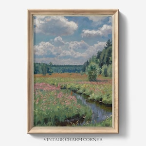 Vintage Spring Meadow Painting, Landscape Painting Printable Wall Art, Rustic Farmhouse Country Wall Decor, Wildflower Field Digital Print
