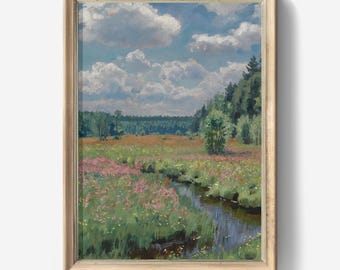 Vintage lenteweide schilderij, landschapsschilderkunst afdrukbare muurkunst, rustieke boerderij land muur decor, wilde bloemen veld digitale print
