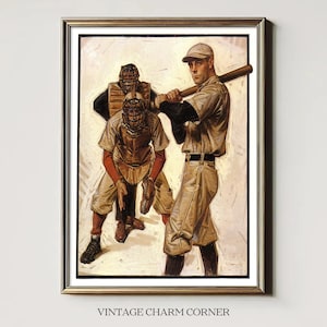 Art mural baseball vintage 1915 affiche de sport imprimable batteur receveur arbitre Illustration antique téléchargement homme des cavernes Decor chambre garçons cadeau