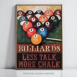 Puede incluir: Un póster de estilo vintage con una mesa de billar de fieltro verde y un triángulo de bolas de billar numeradas del 1 al 15. El póster tiene el texto "BILLIARDS LESS TALK MORE CHALK" y las palabras "VINTAGE CHARM CORNER" en la parte inferior.