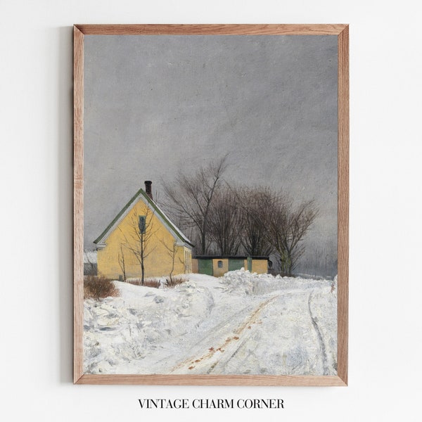 Moody Foggy Winter Day With Yellow House, Winter Landscape Vintage Painting, Old Snow Covered Road Under A Grey Sky,Instant Digital Download