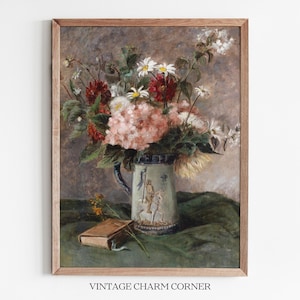 Vintage Floral Still Life Digital Download With Daisies Book And Jug Rustic Botanical Art For Farmhouse Cottagecore Gallery Wall Decor