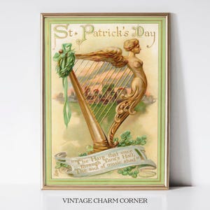 impression de carte postale vintage de la Saint-Patrick, harpe ornée d'une figure ailée, message de la harpe qui traversait la salle de Tara, téléchargement numérique