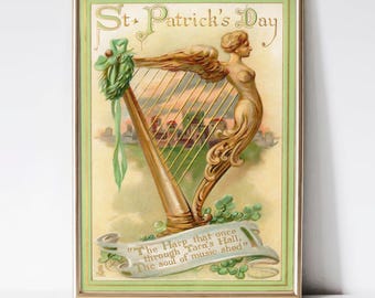 Vintage St Patricks Day Postcard Digital Download Irish Harp Shamrock Celtic Wall Art Tara Hall Quote Printable Irish Heritage Decor Gift