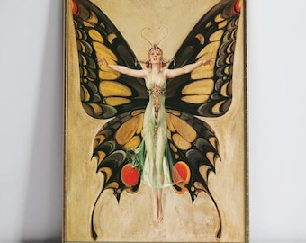 Mujer hada mariposa de Frank Xavier Leyendecker, estilo Art Nouveau de los años 20, estilo flapper, descarga digital, arte de pared vintage de fantasía imprimible para decoración.