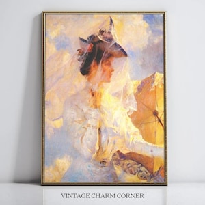 Vintage Woman in Hat with Veil and Parasol Digital Art Download Victorian Lady Impressionist Painting for Elegant Vintage Home Decor