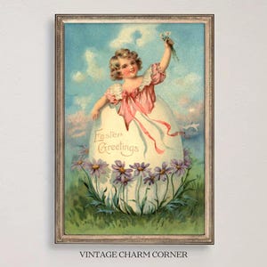 Cartolina di Pasqua d'epoca, stampa di Pasqua antica, arte di ragazza vittoriana, download digitale di uova di Pasqua, decorazione da parete shabby chic, regalo di primavera