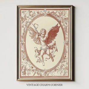 Vintage Cherub Art Print, Anielska Skrzydlata Postać w Ozdobnej Ramie Kwiatowej, Klasyczna Ilustracja W Stylu Renesansowym, Sepia-Tinted Wall Printable