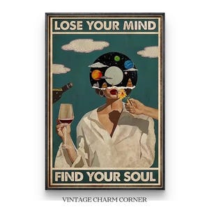 Vintage Lose Your Mind Finde Deine Seele Retro Poster, Vinyl LP Girl Poster Musik und Wein Liebhaber Druck, surreale Wandkunst, digitaler Download