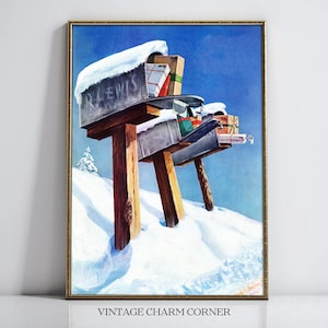 May include: A vintage-style print featuring two snow-covered mailboxes on a snowy hill. The mailboxes are filled with wrapped gifts. The print has a gold frame and the text "R. LEWIS" is visible on the top mailbox. The words "VINTAGE CHARM CORNER" are at the bottom.
