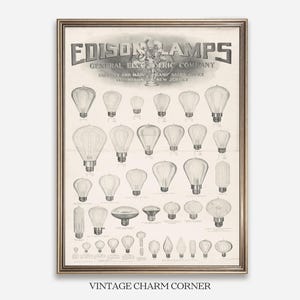 May include: A framed vintage print displaying various Edison lamp designs. The sepia-toned print shows different bulb shapes and sizes, with text at the top reading "EDISON LAMPS". The frame is gold-coloured, and the text "VINTAGE CHARM CORNER" is at the bottom.