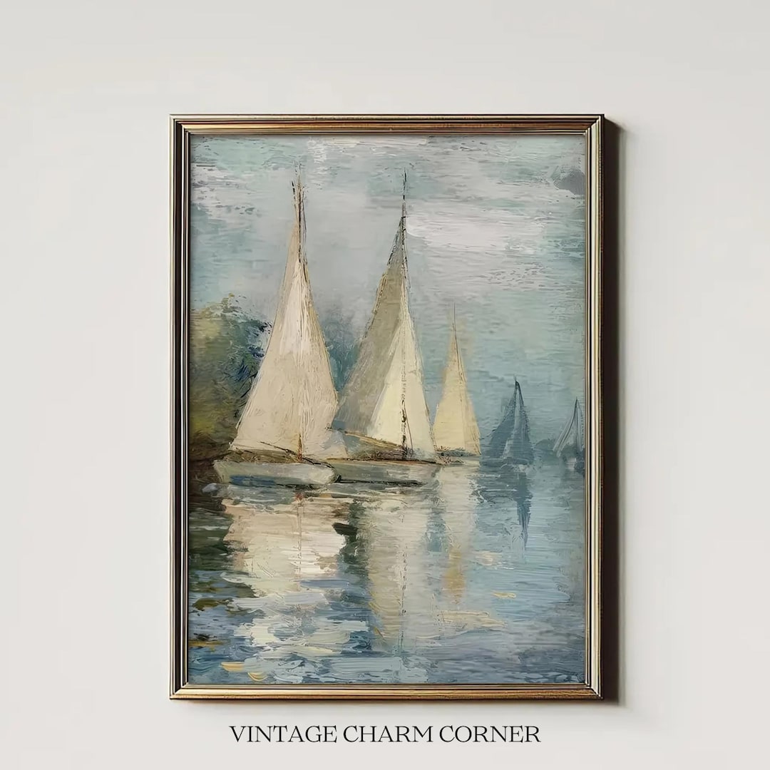 Vintage Sailboat Painting Printable Wall Art, Impressionist Ocean Print ...