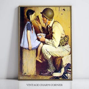 Impresión artística vintage de soldado de la Segunda Guerra Mundial alimentando a una niña. Descarga el arte mural de Norman Rockwell, figura paterna, decoración patriótica, póster digital vintage para el hogar.