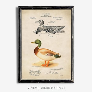 Vintage duck decoy wall art featuring a 1910 patent sketch and watercolor illustration of a mallard drake. Perfect for farmhouse, rustic, lodge, or hunting-themed decor. This antique bird print is a high-resolution digital download for instant use. Ideal for vintage art lovers, birdwatchers, or as a Father's Day gift. Styled for cottagecore, nature-inspired, or Americana interiors. Unique historical artwork to enhance your space with charm and character.