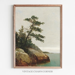 Vintage Tree Cliff Landscape Art Print Digital Download Nature Painting Rustic Wall Decor Lake Scene Cottagecore Gallery Wall Art
