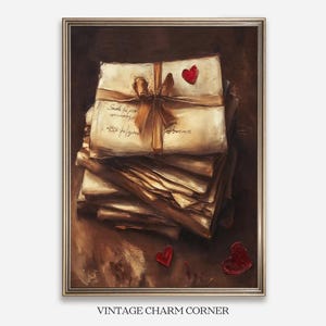 Cartas de amor antiguas escritas a mano, naturaleza muerta, amuleto antiguo desgastado romántico con detalles de corazón, idea de regalo nostálgico para San Valentín, arte imprimible