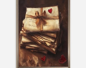 May include: A vintage-style painting of a stack of old letters tied with a golden ribbon and decorated with red hearts. The letters are written in cursive script and the background is a dark brown.