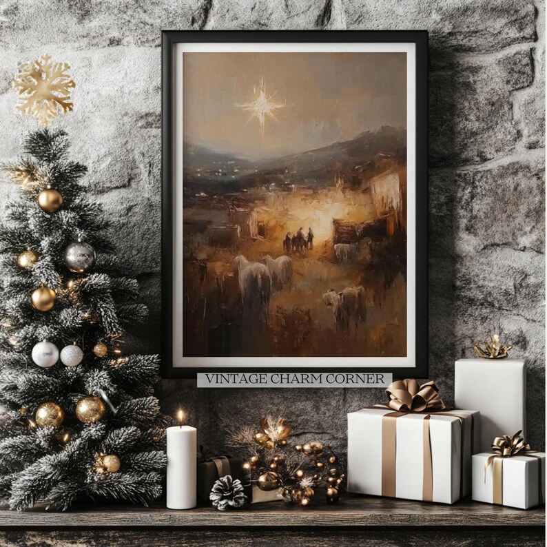 Impressionistic Nativity Scene Print, Three Wise Men and The Star of Bethleham, Holiday Nativity  Download, Rustic Christmas Decor Printable